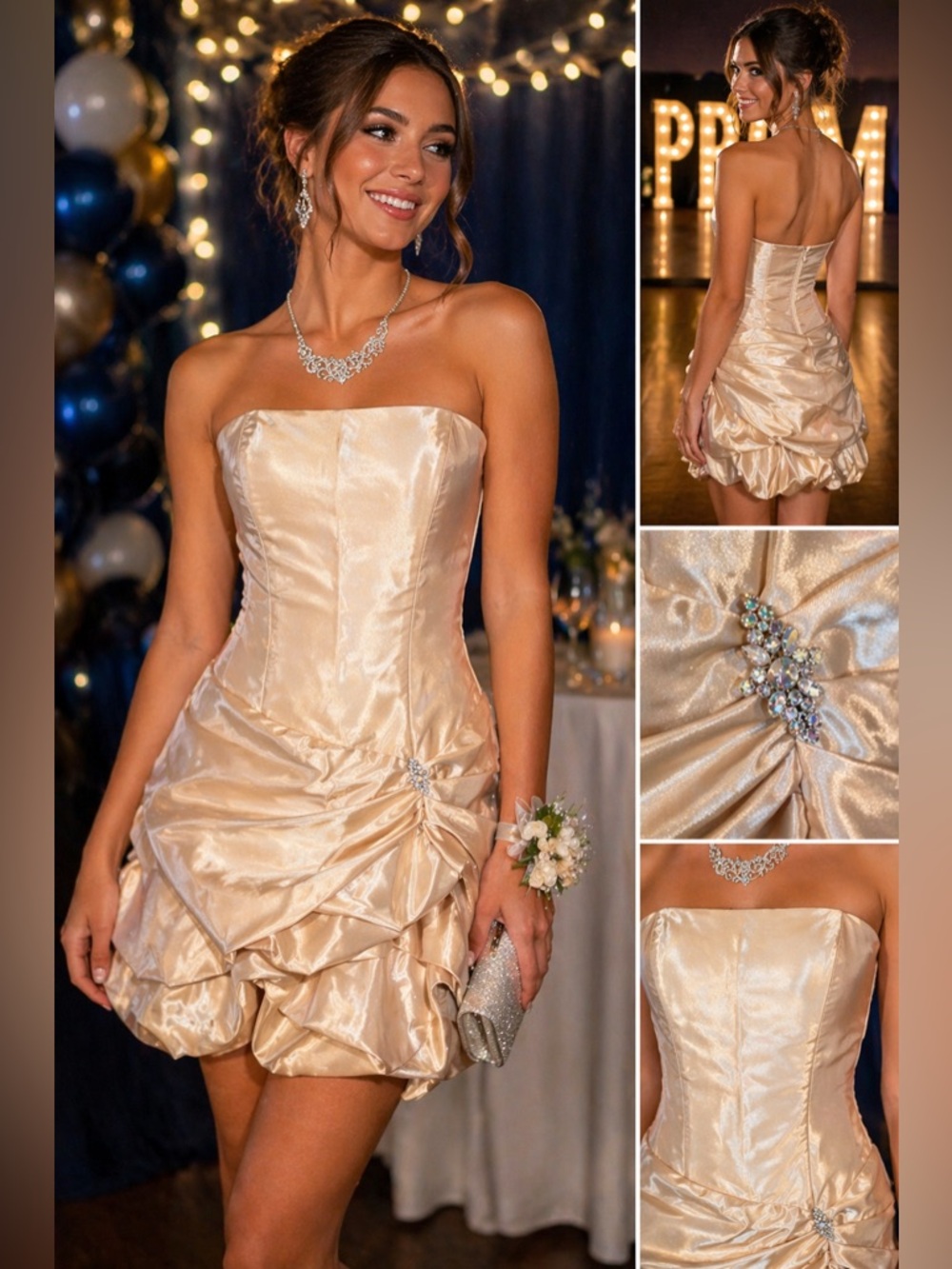 Vintage Jessica McClintock Champagne Strapless Mini Dress Size 7/8 Y2K Prom